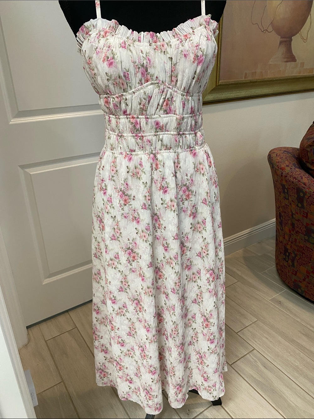 Storia White Midi Dress with Pink Floral Print